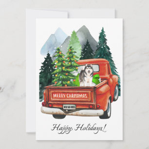 Weihnachten Husky Hund & Vintager LKW Wasserfarbe