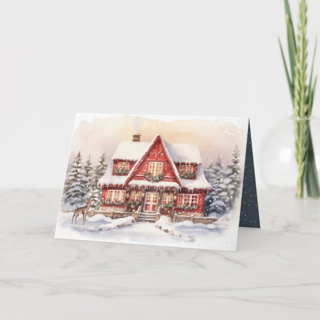 Weihnachten Hütte und Hirsch in Schneeflocken (Vorderseite)