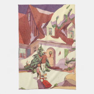 Weihnachten im alten Stil, Familienhaus im Schnee Geschirrtuch