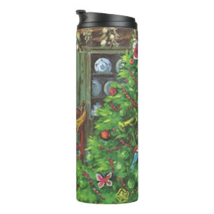 Weihnachten im alten Stil, gemütliche Holzhütte mi Thermosbecher