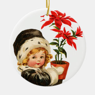 Weihnachten im alten Stil, Mädchen hält Poinsettie Keramikornament