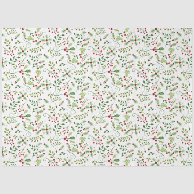 Weihnachten im Aquarell Holly Berry Verlasst Rotes Seidenpapier (Vorderseite)