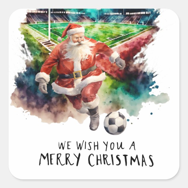 Weihnachten im Fußball mit dem Weihnachtsmann Quadratischer Aufkleber (Vorderseite)