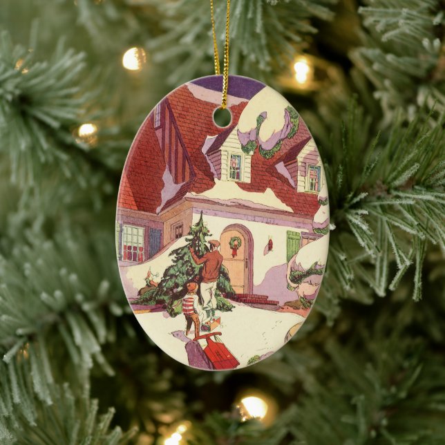 Weihnachten im Jahrtausend, Familienhaus im Schnee Keramik Ornament (Baum)