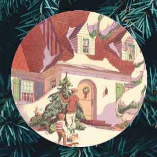 Weihnachten im Jahrtausend, Familienhaus im Schnee Runder Aufkleber