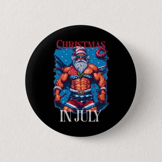 Weihnachten im Juli Bodybuilder Weihnachtsmann USA Button (Vorderseite)