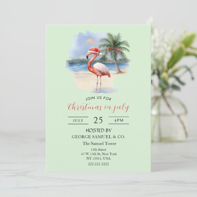 Weihnachten im Juli Custom Company Name Flamingo Einladung (Stehend Vorderseite)
