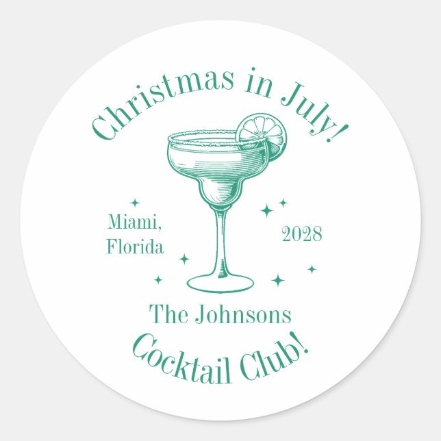 Weihnachten im Juli Familienname Cocktail Party Runder Aufkleber (Vorderseite)