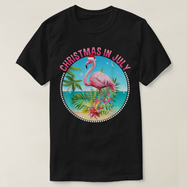 Weihnachten im Juli Flamingo in Weihnachtsmannmütz T-Shirt (Design vorne)