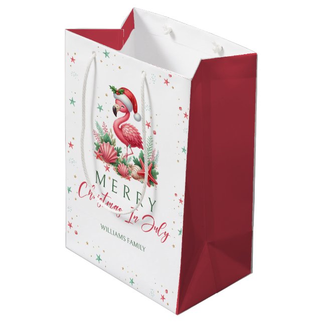 Weihnachten im Juli Flamingo Mittlere Geschenktüte (Rückseite Schrägansicht)