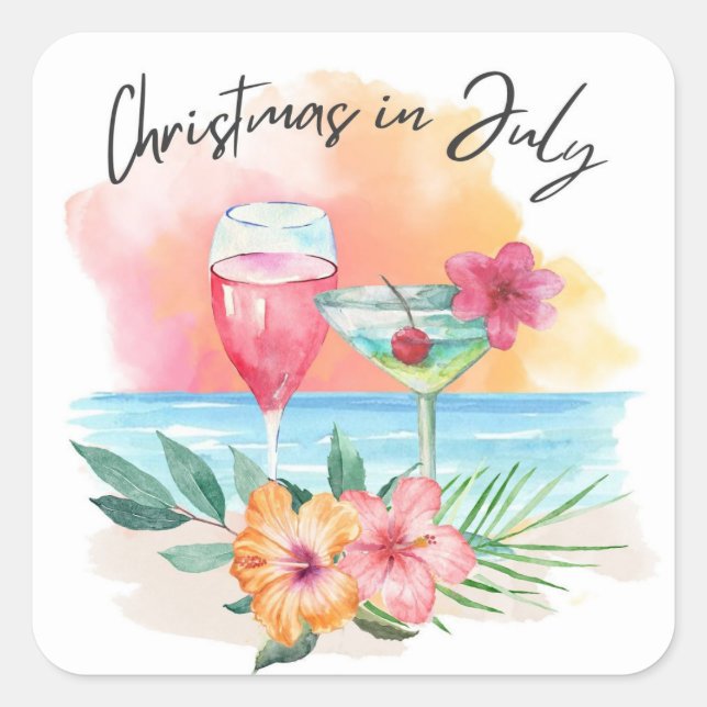 Weihnachten im Juli in Tropical Beach Summer Party Quadratischer Aufkleber (Vorderseite)