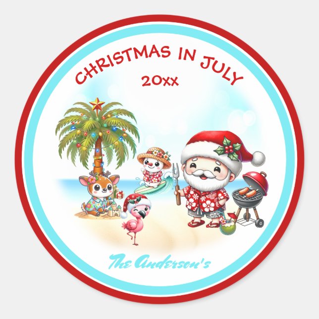 Weihnachten im Juli Niedlicher Sommer in Santa Tro Runder Aufkleber (Vorderseite)