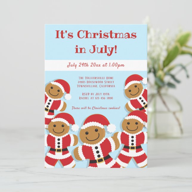 Weihnachten im Juli Party Gingerbret Santa Einladu Einladung (Stehend Vorderseite)