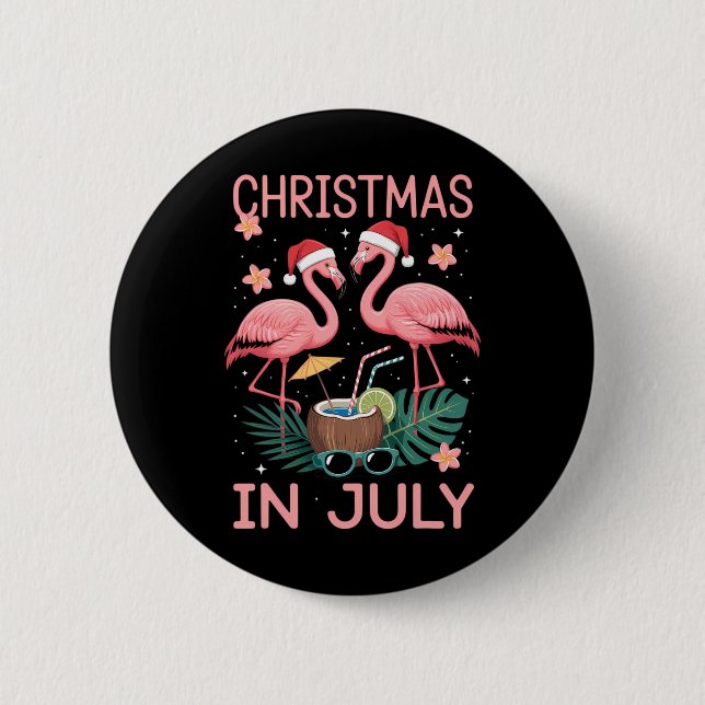 Weihnachten im Juli Rosa Flamingo mit Santa Hut  Button (Vorderseite)