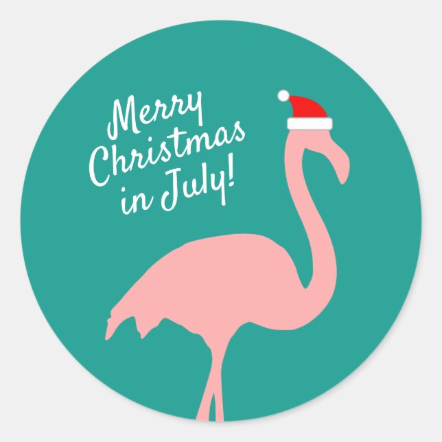 Weihnachten im Juli rosa Flamingo Weihnachtsmann Runder Aufkleber (Vorderseite)