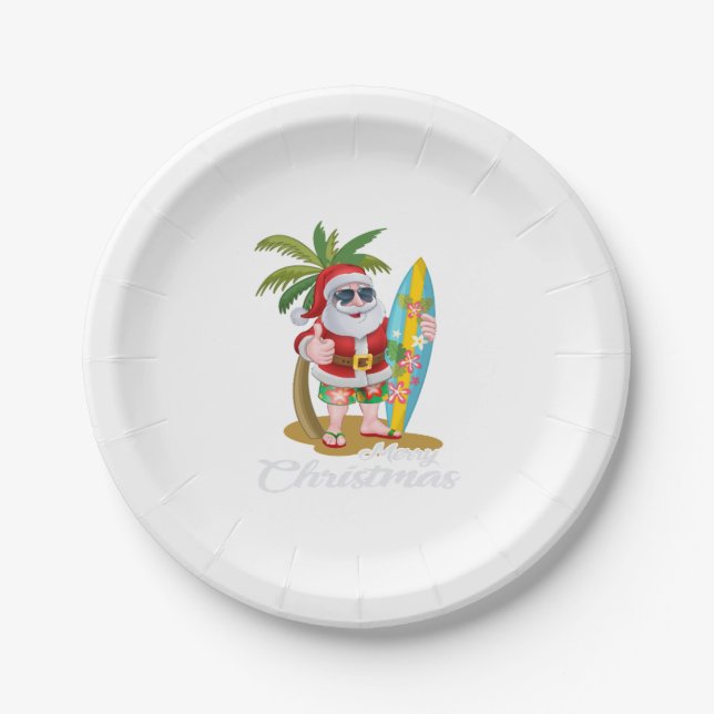 Weihnachten im Juli Santa Surf Hawaiianische Männe Pappteller (Vorderseite)