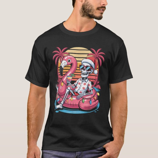 Weihnachten im Juli Skeleton Flamingo Float Sommer T-Shirt (Vorderseite)