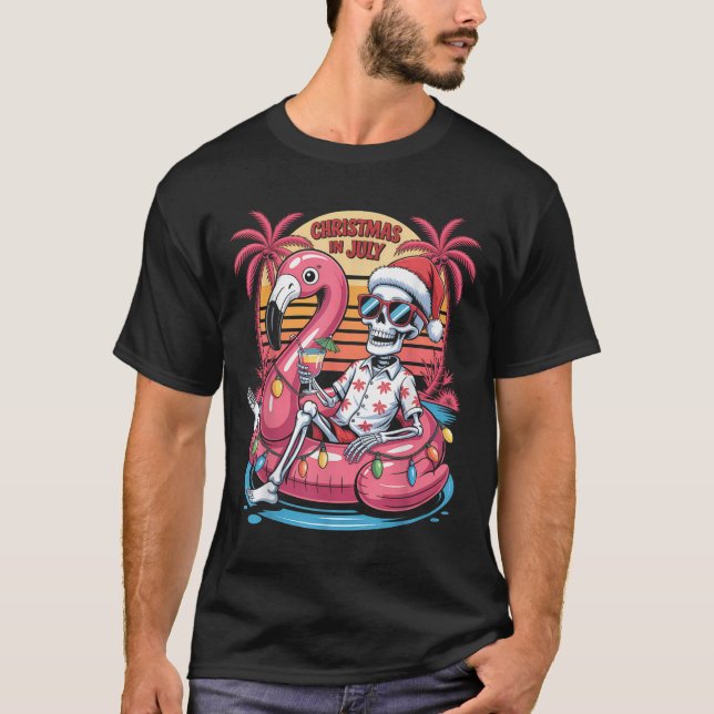 Weihnachten im Juli Skeleton Flamingo Float Sommer T-Shirt (Vorderseite)