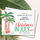 Weihnachten im Juli Sommer Party Einladungspostkarte<br><div class="desc">Im Juli lädt das Hotel mit seinen von Hand gezeichnet Palmen, die mit Lichtern und Bauern geschmückt sind, Familie und Freunde zu Weihnachten ein. Passen Sie diese Einladungen mit Ihren Details an und genießen Sie den Spaß! Wenn wir unsere Kunstwerke erstellen, werden Sie dieses exakte Bild von anderen Designern nicht...</div>