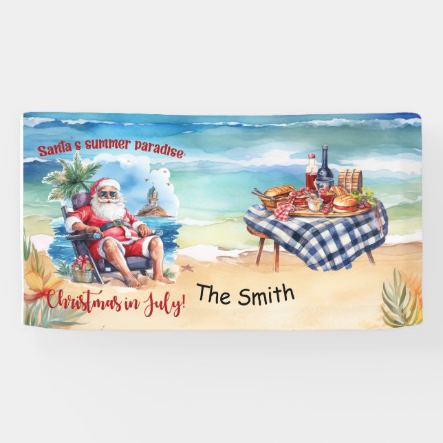 Weihnachten im Juli Weihnachtsmann am Strand lusti Banner (Horizontal)