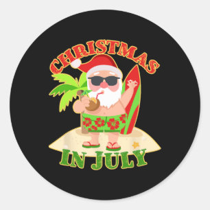 Weihnachten im Juli Weihnachtsmann mit Surfbrett S Runder Aufkleber
