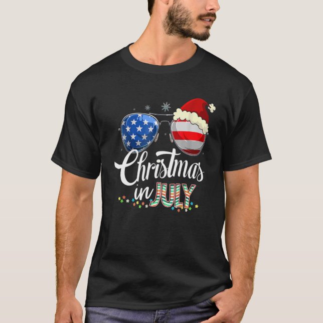 Weihnachten im Juli Weihnachtsmannmütze Sonnenbril T-Shirt (Vorderseite)