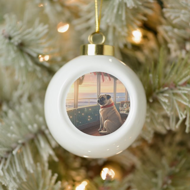 Weihnachten im Mops - Feierliche Hochzeit Keramik Kugel-Ornament (Baum)