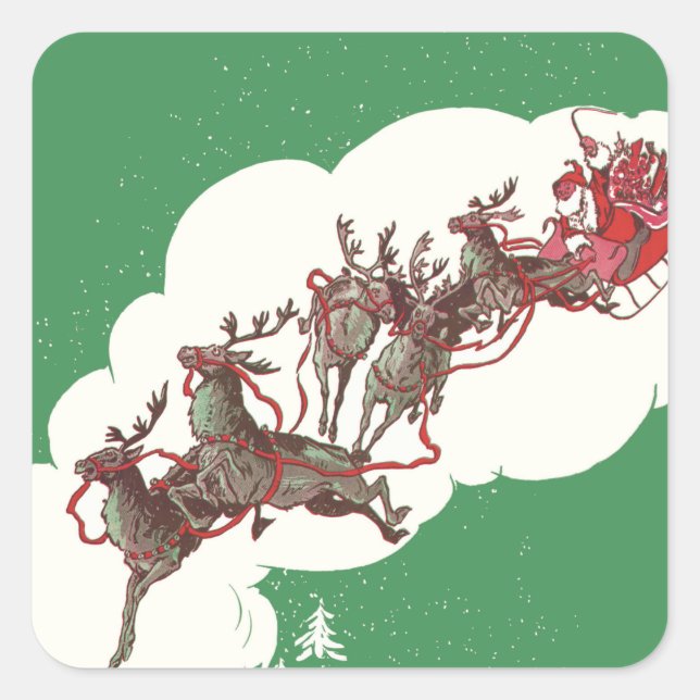 Weihnachten im Retro Santa Claus Sleigh Quadratischer Aufkleber (Vorderseite)