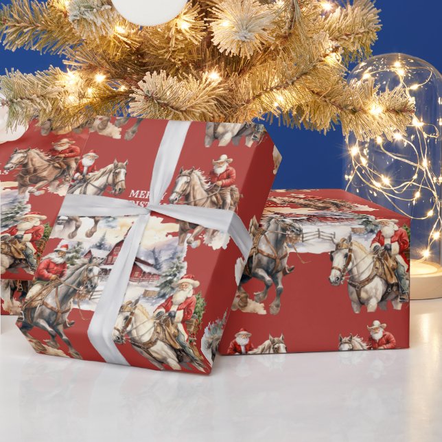Weihnachten im Roten Western auf dem Pferd Geschenkpapier (Feiertage)