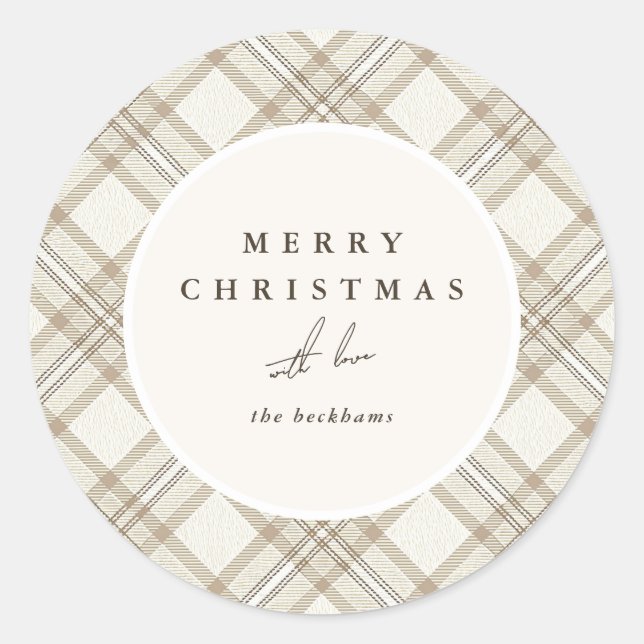 Weihnachten im sanften Beige-Gingham Runder Aufkleber (Vorderseite)