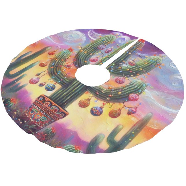 Weihnachten im Südwesten der Wüste Saguaro Polyester Weihnachtsbaumdecke (Schrägansicht)