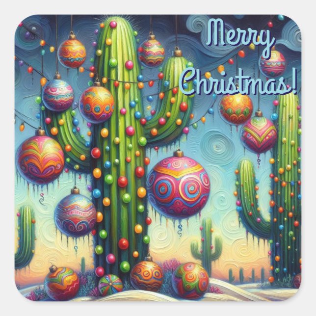 Weihnachten im Südwesten der Wüste Saguaro Quadratischer Aufkleber (Vorderseite)