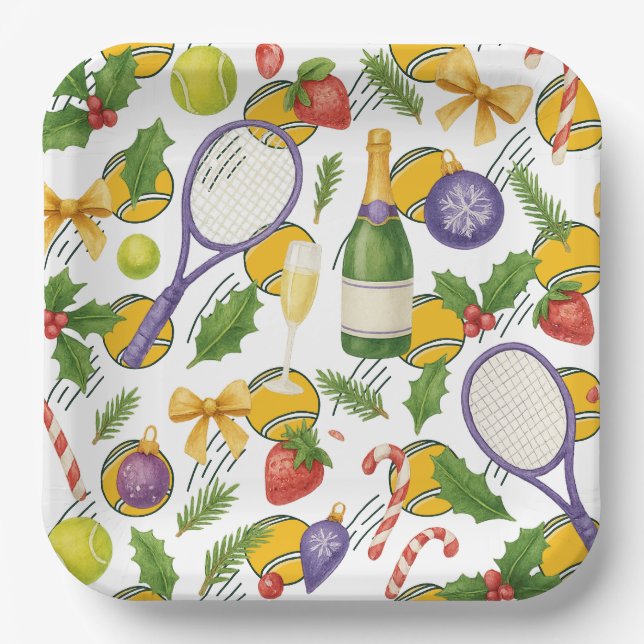 Weihnachten im Tennis mit Ball und Schläger Pappteller (Vorderseite)