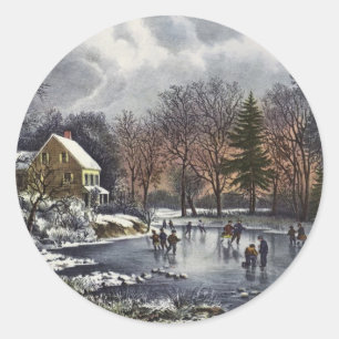 Weihnachten im Vintage-Stil, Eisläufer auf einem T Runder Aufkleber