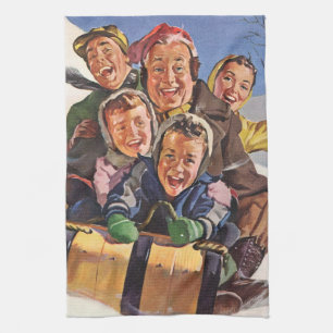 Weihnachten im Vintage-Stil, glückliche Familie be Geschirrtuch