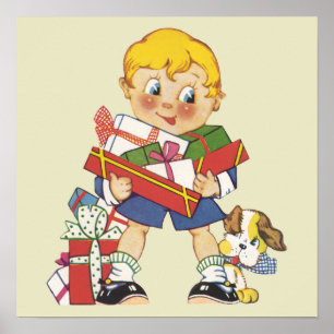 Weihnachten im Vintage-Stil, Junge mit Geschenken  Poster