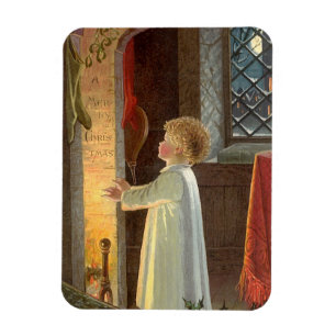 Weihnachten im Vintage-Stil, Kind wärmt sich am Ka Magnet