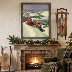 Weihnachten im Vintage-Stil, Kinder beim Schlitten Poster