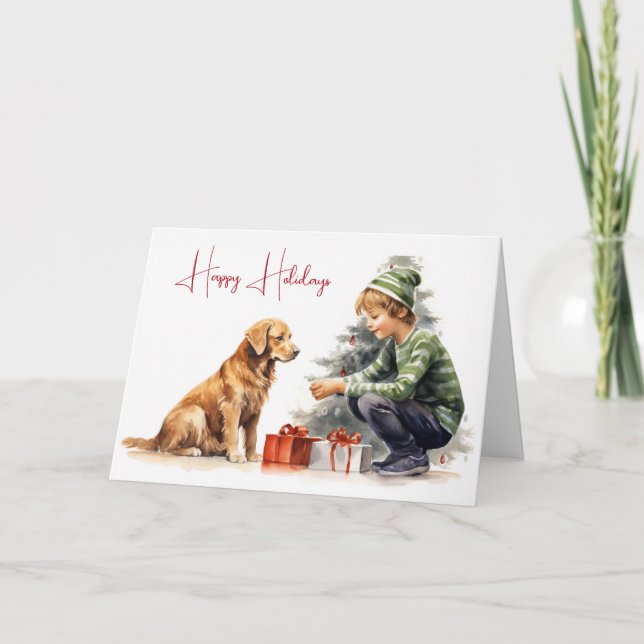 Weihnachten im Wasser Goldener Retriever mit Junge Karte (Vorderseite)