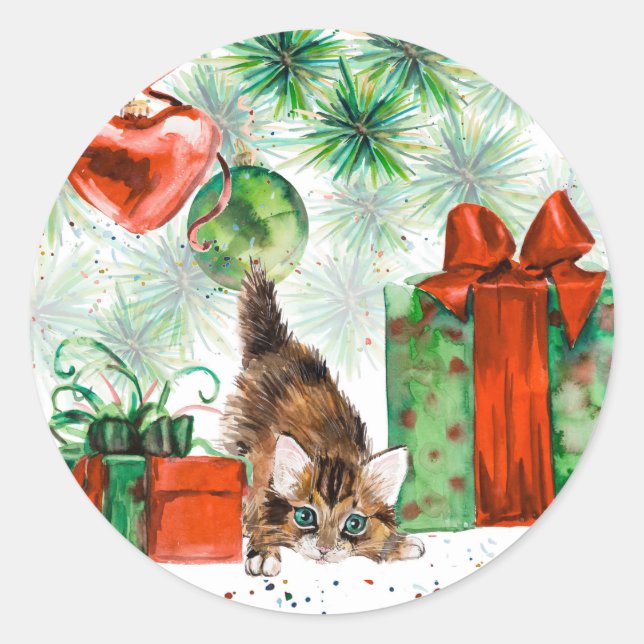 Weihnachten im Wasserfarben - Kitten unter Baum Runder Aufkleber (Vorderseite)