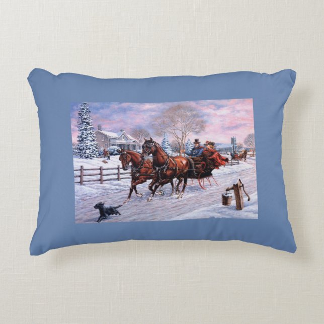 Weihnachten im Winter - Pferd Gezeichnet Schlitten Dekokissen (Vorderseite)