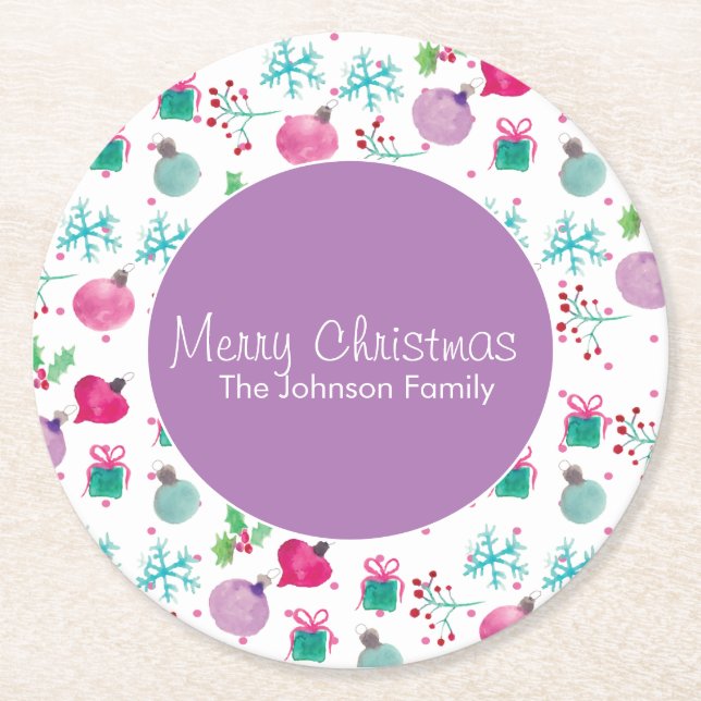 Weihnachten in Aquarellfarbe Handgemalte Muster Runder Pappuntersetzer (Vorderseite)