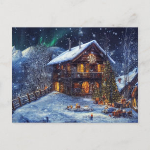 Weihnachten in den Bergen. Almhütte mit Polarlicht Postkarte