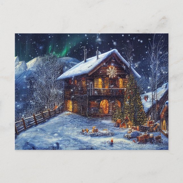 Weihnachten in den Bergen. Almhütte mit Polarlicht Postkarte (Vorderseite)