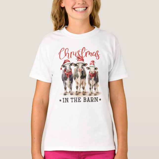 Weihnachten in der Scheune Rustikale Kühe in Weihn T-Shirt (Vorderseite)