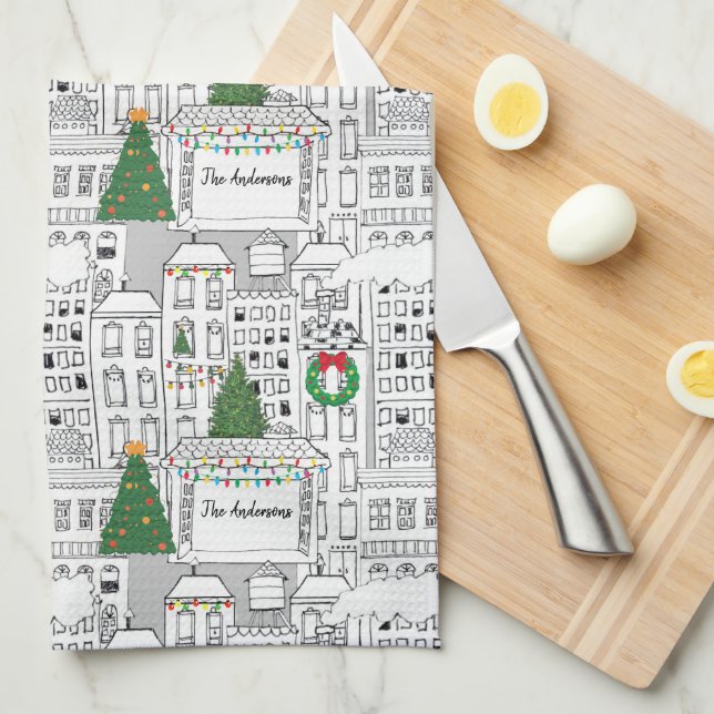 Weihnachten in der Stadt Personalisiert von Hand G Geschirrtuch (Viertel Falte)