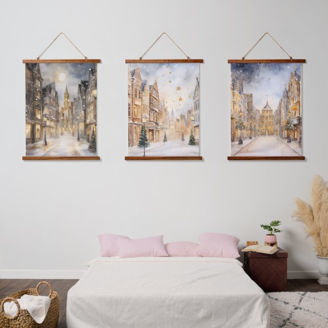 Weihnachten in der Stadt schneien Wandteppich Mit Holzrahmen (Schlafzimmer)