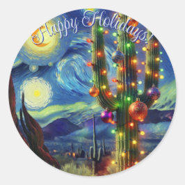 Weihnachten in der Wüste Saguaro Cactus Blue Green Runder Aufkleber