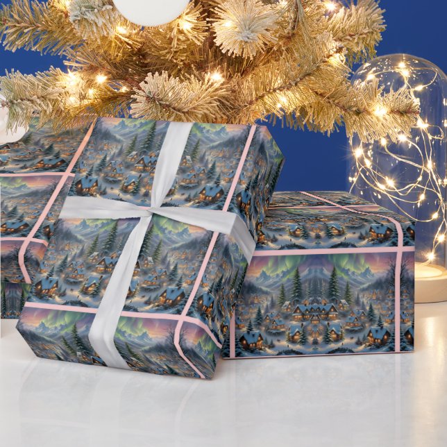 Weihnachten in einem Bergdorf, Polarlichter Geschenkpapier (Feiertage)