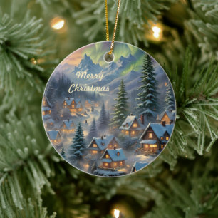 Weihnachten in einem Bergdorf, Polarlichter Keramik Ornament
